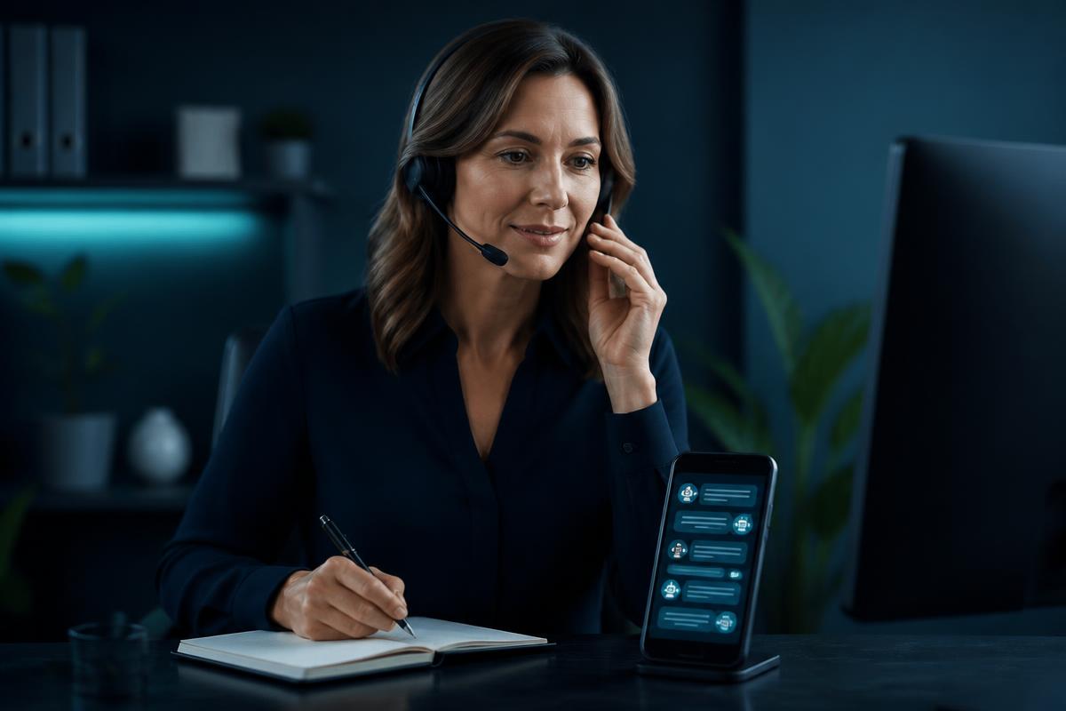 Especialista em cobrança em atendimento telefônico ao lado de mensagens automáticas no celular