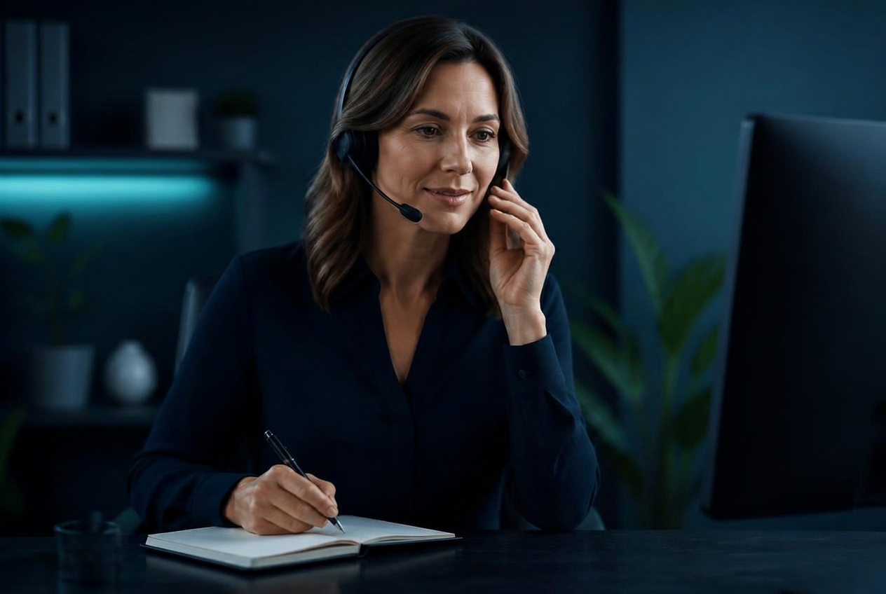 Especialista em cobrança em atendimento telefônico ao lado de mensagens automáticas no celular
