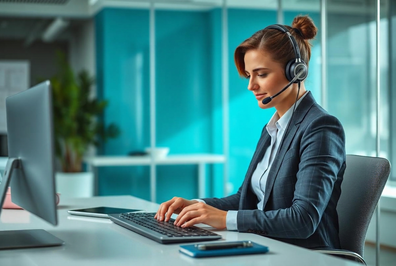 Profissional conduzindo atendimento telefônico de negociação em escritório moderno